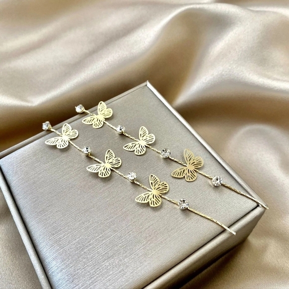 Butterfly Filigree Earrings Rhinestone Accent Gold Tone Tassel Earrings - Picture 5 of 13